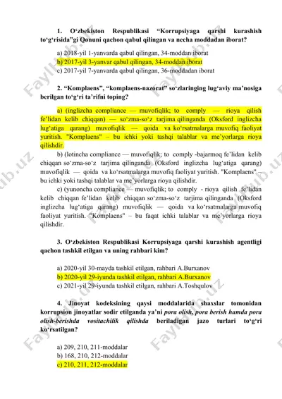 o‘zbekiston respublikasi qonunlari va tushunchalari bo‘yicha savol-javoblar to‘plami — DOCX