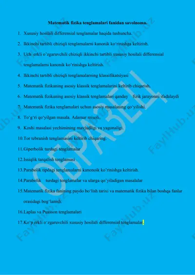 matematik fizika tenglamalari fanidan savolnoma — DOCX