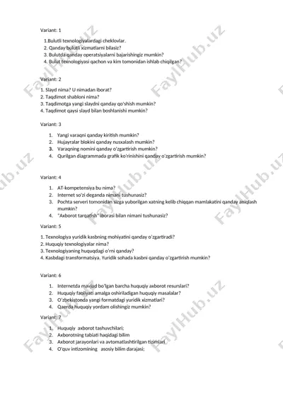 taqdimot savollari to‘plami (variantlar bo‘yicha) — DOCX
