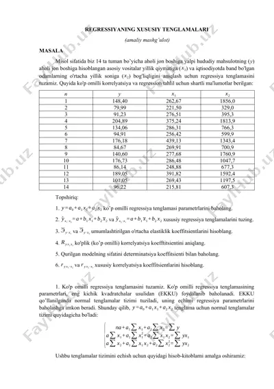 regressiyaning xususiy tenglamalari (amaliy mashg’ulot) — DOCX