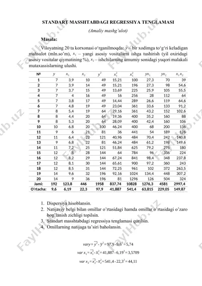 standart masshtabdagi regressiya tenglamasi (amaliy mashg’ulot) — DOCX