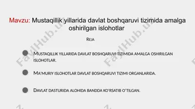 mustaqillik yillarida davlat boshqaruvi tizimida amalga oshirilgan islohotlar — PPTX