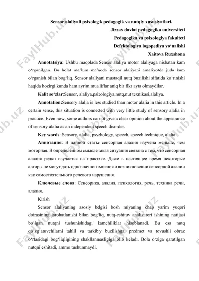 sensor alaliyali psixologik pedagogik va nutqiy xususiyatlari — DOCX
