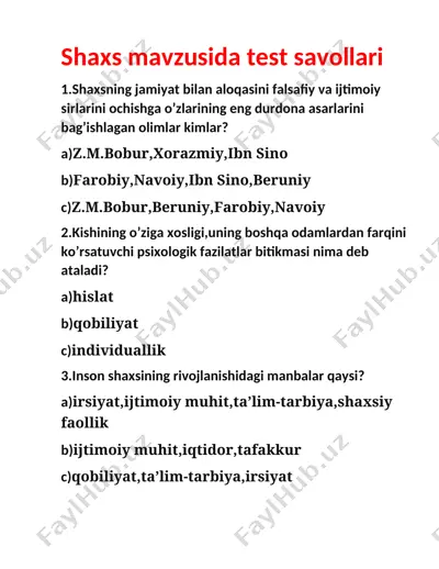 shaxs mavzusida test savollari va atamalar izohi — DOCX