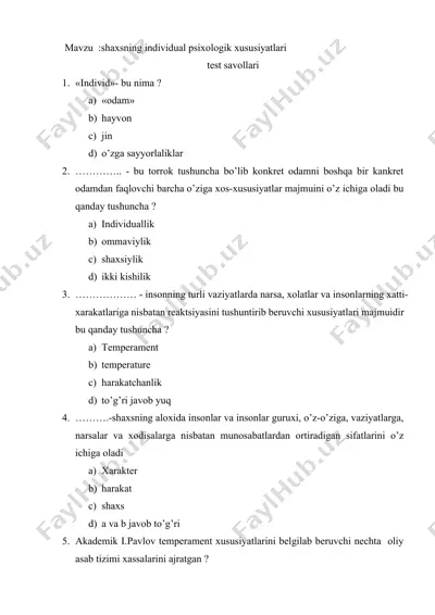 shaxsning individual psixologik xususiyatlari test savollari — DOCX