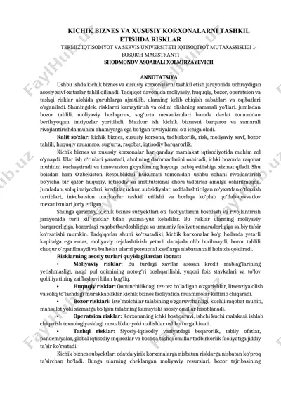 kichik biznes va xususiy korxonalarni tashkil etishda risklar va ularni boshqarish — DOCX