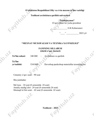 mexnat muxofazasi va texnika xavfsizligi fani sillabusi — DOCX