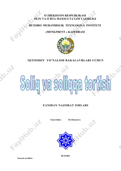nazorat ishlari — iqtisodiy yo'nalish uchun soliq mavzulari — DOCX