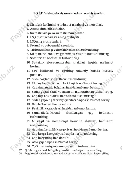 ho‘at fanidan yakuniy nazorat uchun taxminiy savollar — DOCX