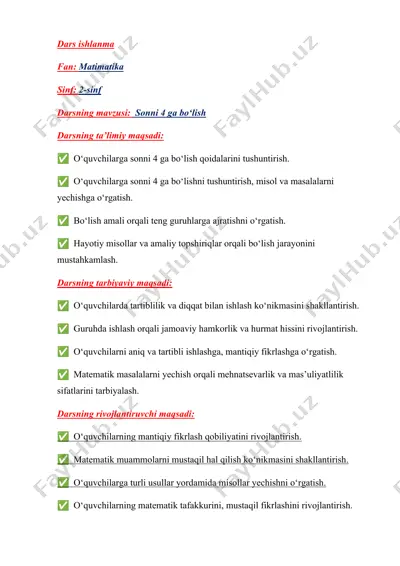 matematika dars ishlanmasi: sonni 4 ga bo‘lish — DOCX