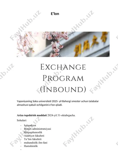 yaponiyaning soka universiteti 2025-yil bahorgi smester talabalar almashuvi qabul e’lon qilinishi — DOCX