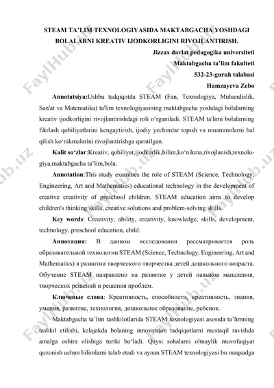 steam ta’lim texnologiyasida maktabgacha yoshdagi bolalarni kreativ ijodkorligini rivojlantirish — DOCX