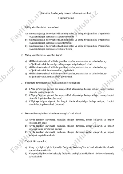 statistika fanidan joriy nazorat uchun test savollari — DOCX