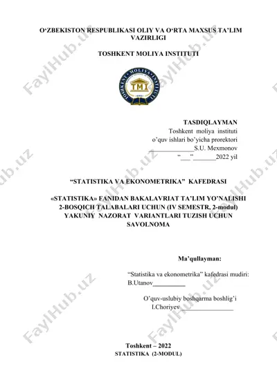 statistikadan bakalavr talabalar uchun yakuniy nazorat variantlari — DOCX