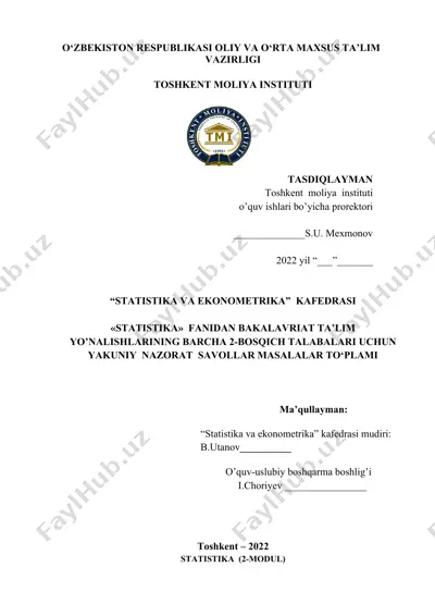 statistika fanidan yakuniy nazorat savollar va masalalar to‘plami — DOCX