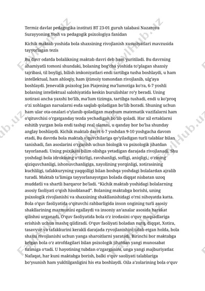 kichik maktab yoshida bola shaxsining rivojlanish xususiyatlari — DOCX