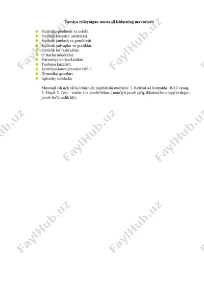 mustaqil ishlar mavzulari - statistika va iqtisodiyot — DOCX