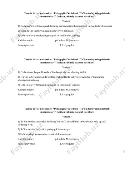 ta’lim tarbiyaning dolzarb muammolari fanidan yakuniy nazorat savollari — DOCX