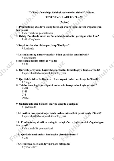 ta’lim yo’nalishiga kirish (kredit-modul tizimi) fanidan test savollari to’plami (2-qism) — DOCX