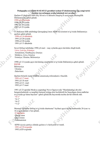 o’zbekistonning yangi tarixi fanidan oraliq baholash test savollari — DOCX