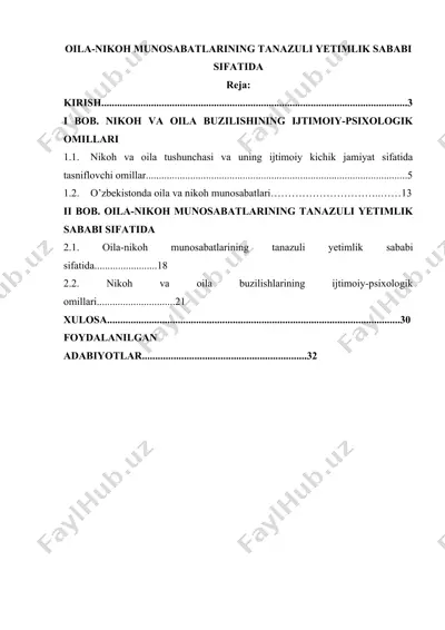 oila-nikoh munosabatlarining tanazuli yetimlik sababi sifatida — DOCX