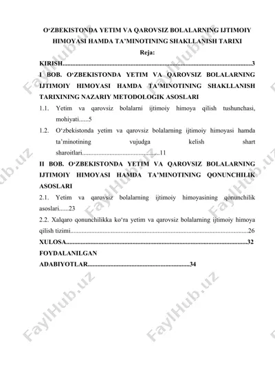 o‘zbekistonda yetim va qarovsiz bolalarning ijtimoiy himoyasi hamda ta’minotining shakllanish tarixi — DOCX