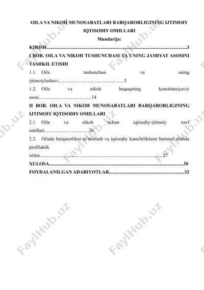 oila va nikoh munosabatlari barqarorligining ijtimoiy iqtisodiy omillari — DOCX