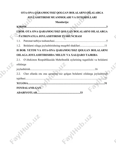ota-ona qaramogʻisiz qolgan bolalarni oilalarga joylashtirish muammolari va istiqbollari — DOCX