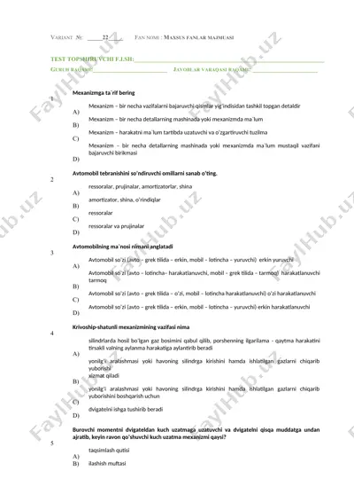 variant №22 – test topshiruv varaqasi (maxsus fanlar majmuasi) — DOCX