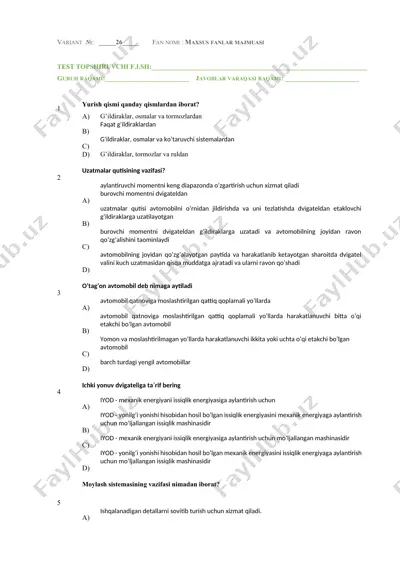 test topshiruvchi varaqasi – variant № 26 (maxsus fanlar majmuasi) — DOCX