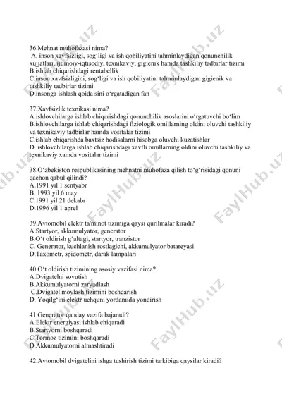 avtomobil elektr taʼminot tizimi va mehnat muhofazasi bo‘yicha test savollari — DOCX