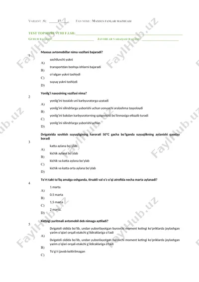 variant №27 test topshiruvchisi varaqasi – “maxsus fanlar majmuasi” — DOCX