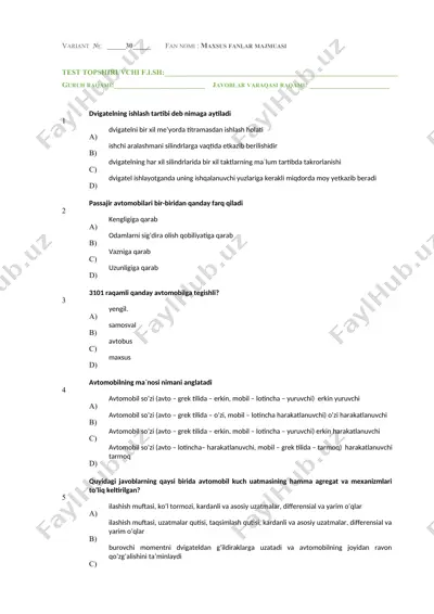 maxsus fanlar majmuasi uchun test topshiruv varaqasi (variant №30) — DOCX
