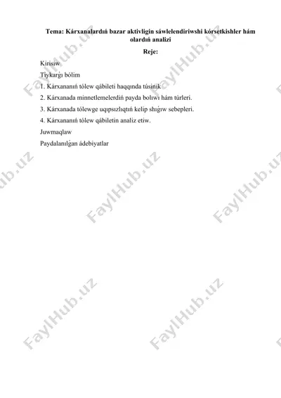 kárxanalardıń bazar aktivligin sáwlelendiriwshi kórsetkichler hám olardıń analizi — DOCX
