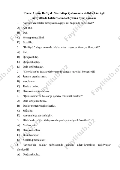 balalar tarbiyasi bo‘yicha avesto, haftiyak, chor kitap, qobusnama va hadislar mavzusidagi savol-javob to‘plami — DOCX