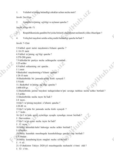 jismoniy tarbiya attestatsiya savollari yangi — DOCX