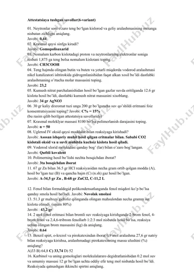 kimyo attestatsiya savollari to'plami — DOCX