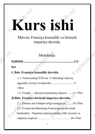kurs ishi: fransiya konsullik va birinchi imperiya davrida — DOCX