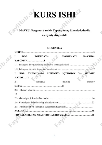 syogunut davrida yaponiyaning ijtimoiy-iqtisodiy va siyosiy rivojlanishi — DOCX