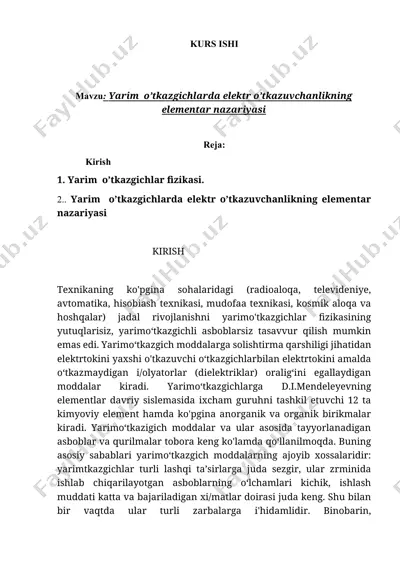 yarim o’tkazgichlarda elektr o’tkazuvchanlikning elementar nazariyasi — DOCX