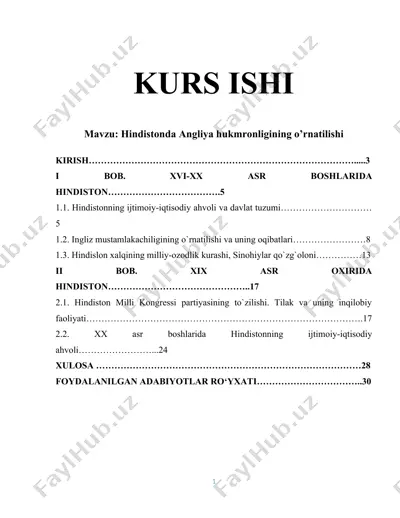 kurs ishi: hindistonda angliya hukmronligining o’rnatilishi — DOCX