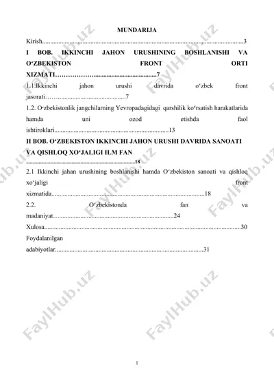 ikkinchi jahon urushi yillarida oʻzbekiston harbiylarining jangovar front orti xizmati — DOCX