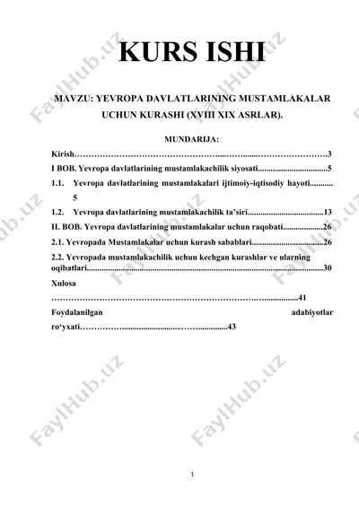 yevropa davlatlarining mustamlakalar uchun kurashi (xviii–xix asrlar) — DOCX