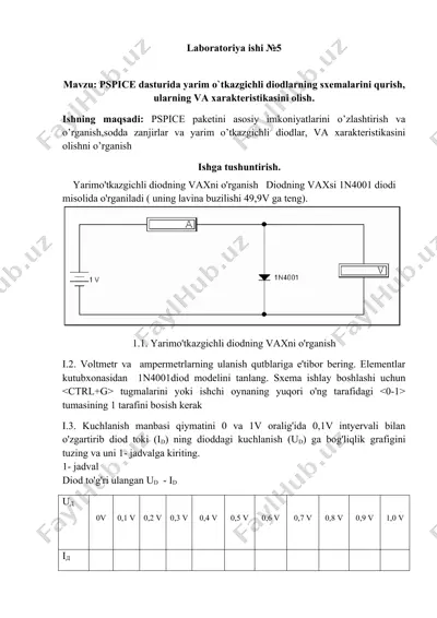 laboratoriya ishi №5: pspice dasturida yarim o‘tkazgichli diodlarning sxemalarini qurish va v–a xarakteristikasini olish — DOCX