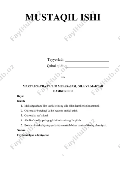 maktabgacha ta’lim muassasasi, oila va maktab hamkorligi — DOCX