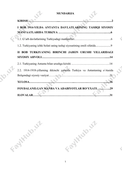 turkiya davlatining birinchi jahon urushi davri (kurs ishi) — DOCX