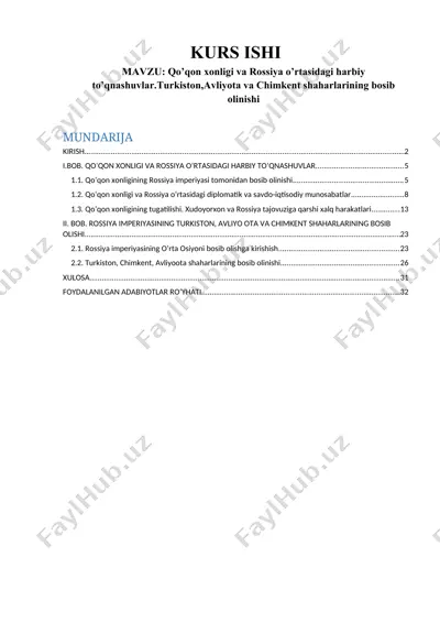 qo‘qon xonligi va rossiya o‘rtasidagi harbiy to‘qnashuvlar. turkiston, avliyota va chimkent shaharlarining bosib olinishi — DOCX