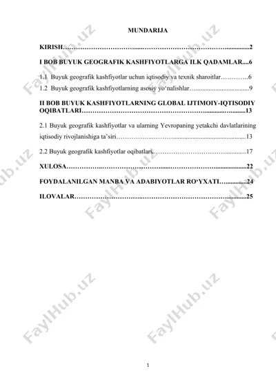 kurs ishi: buyuk geografik kashfiyotlar davri va uning jahon tarixidagi o‘rnini tahlili — DOCX