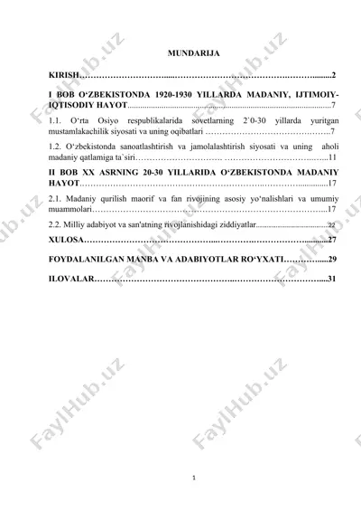 madaniyatning 20-30-yillar davri o‘zbekistonda madaniy hayot (kurs ishi) — DOCX