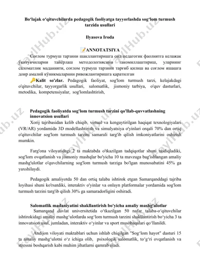 boʻlajak oʻqituvchilarda pedagogik faoliyatga tayyorlashda sogʻlom turmush tarzida usullari — DOCX